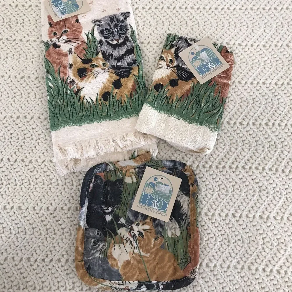 Vintage Kitchen Set Towel, Oven Mitt, & Pot Holder Cats Kittens Meow New USA